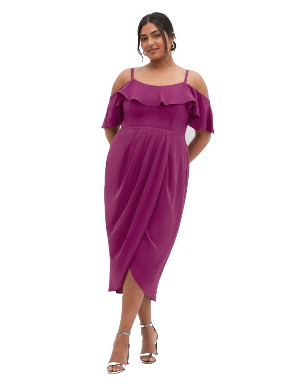 City Chic Flirtation Drape Midi Cocktail Dress Cerise